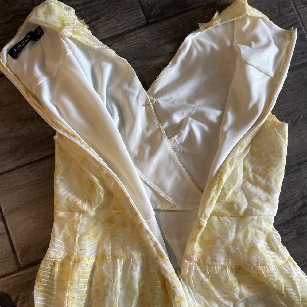Lauren Ralph Lauren Black Label Yellow & White Sheer Smock Dress Tiered Slvls 4P - Picture 8 of 10